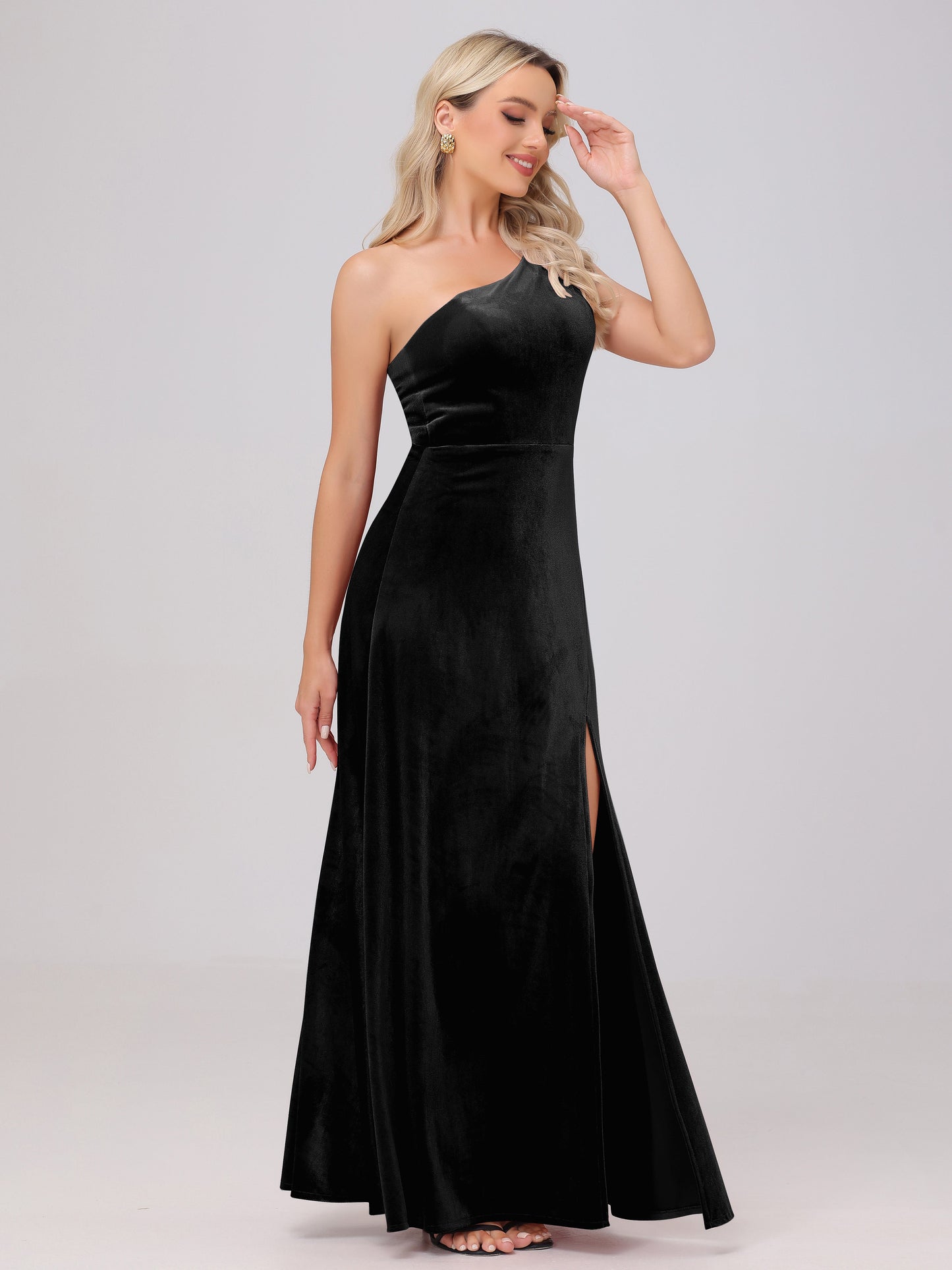One Shoulder Velvet Bridesmaid Dresses with Slit