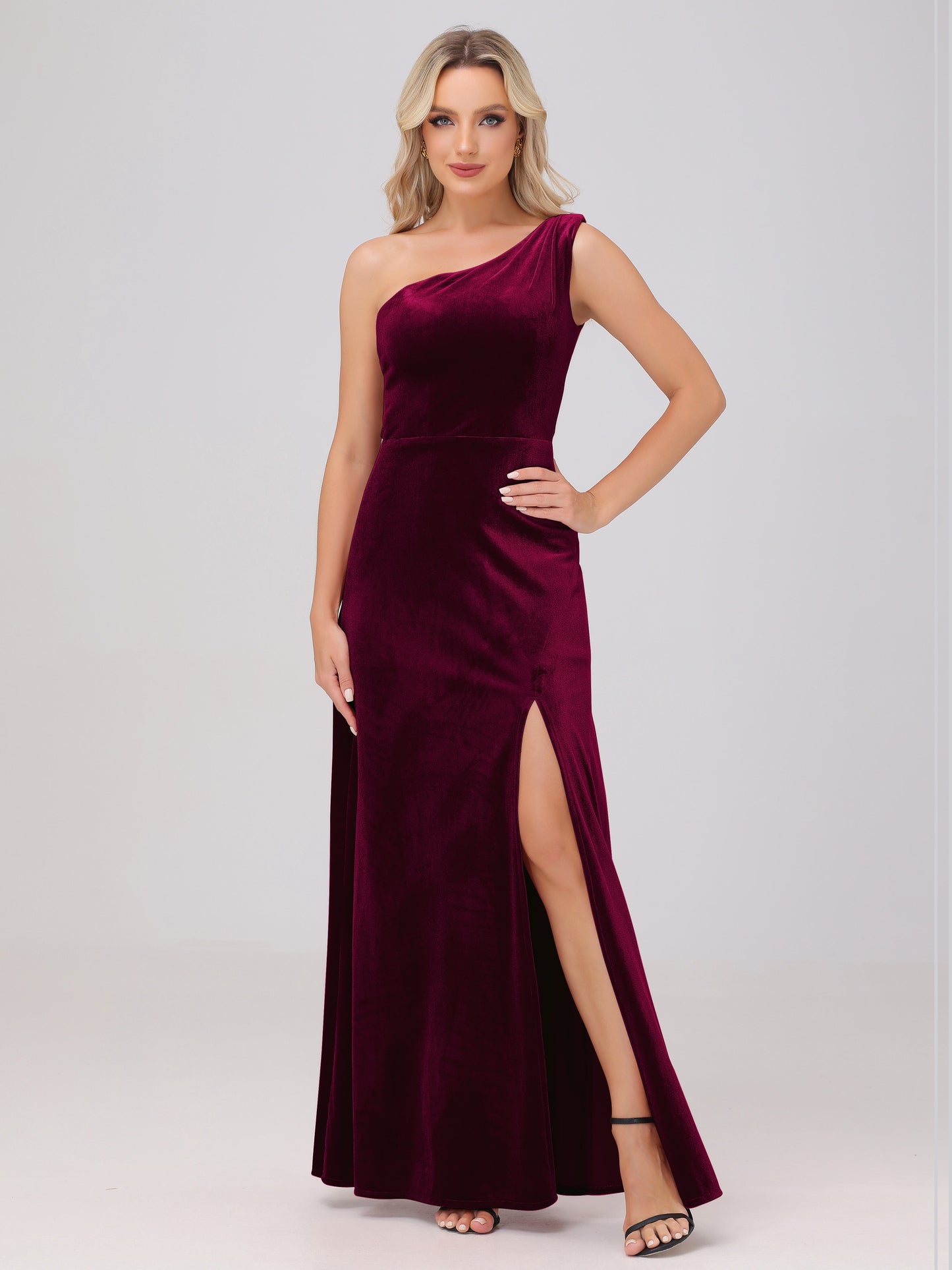 One Shoulder Velvet Bridesmaid Dresses with Slit