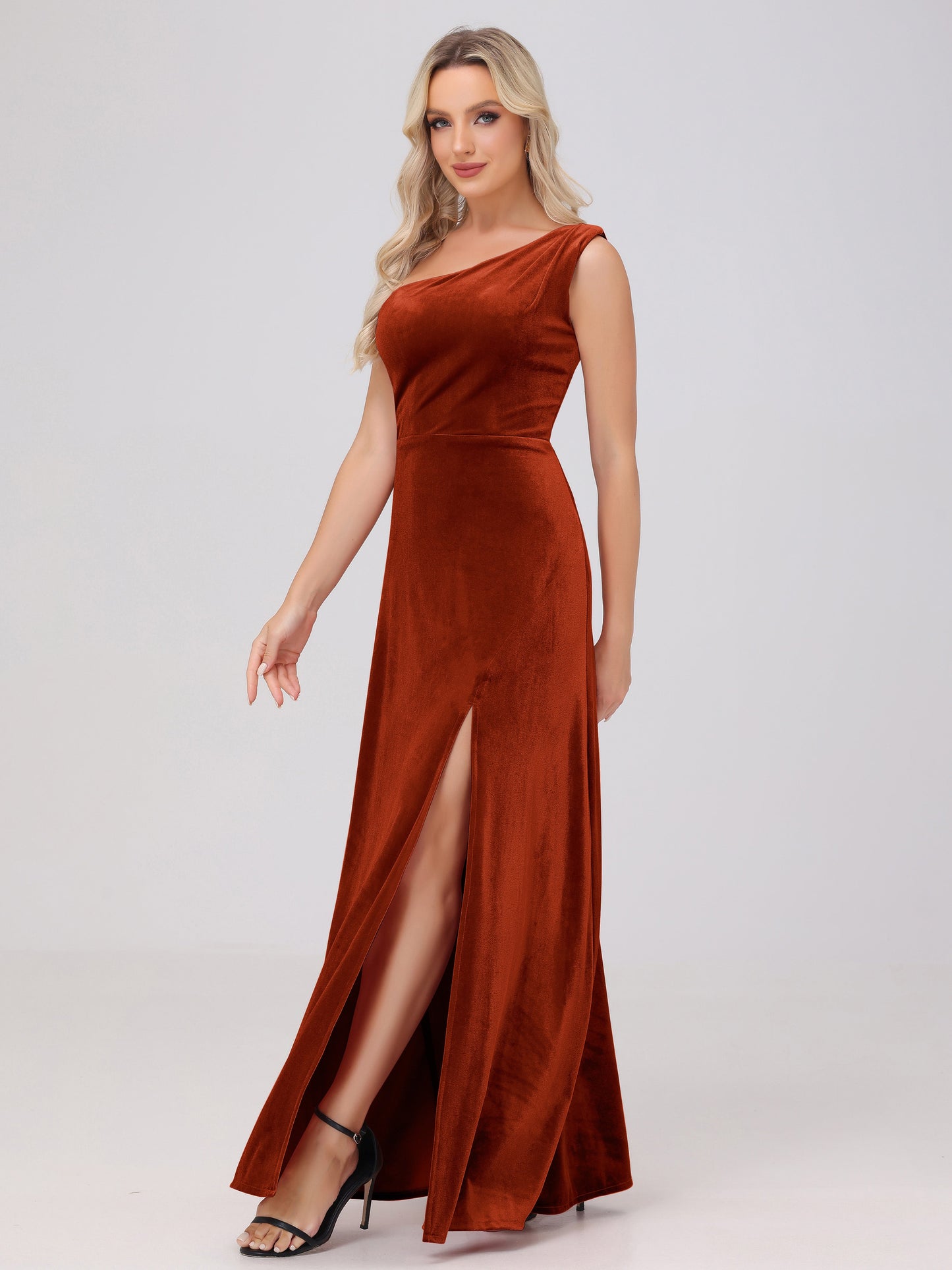 One Shoulder Velvet Bridesmaid Dresses with Slit