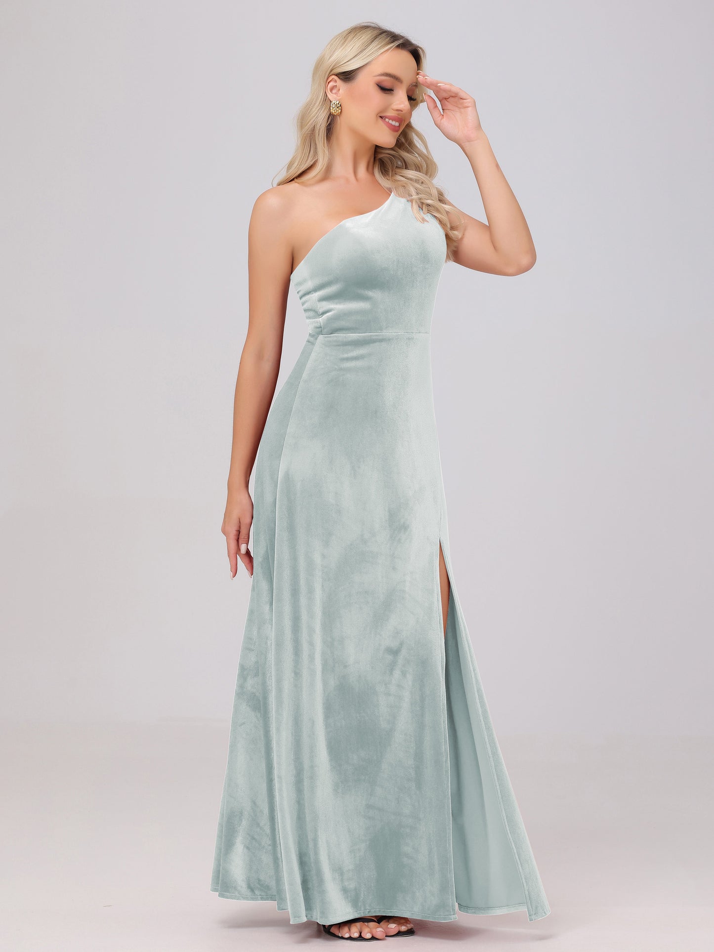 One Shoulder Velvet Bridesmaid Dresses with Slit