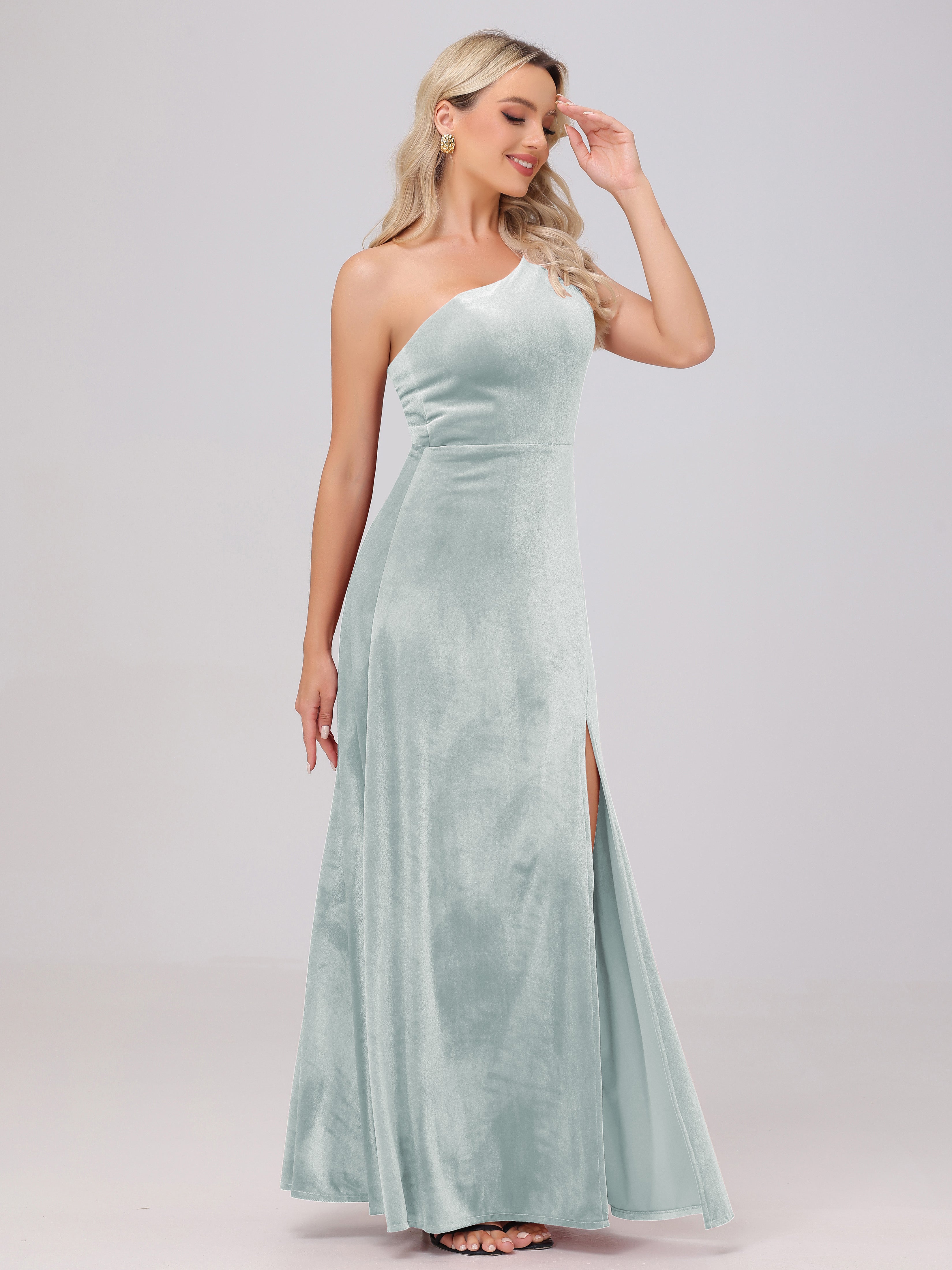 One Shoulder Velvet Bridesmaid Dresses with Slit