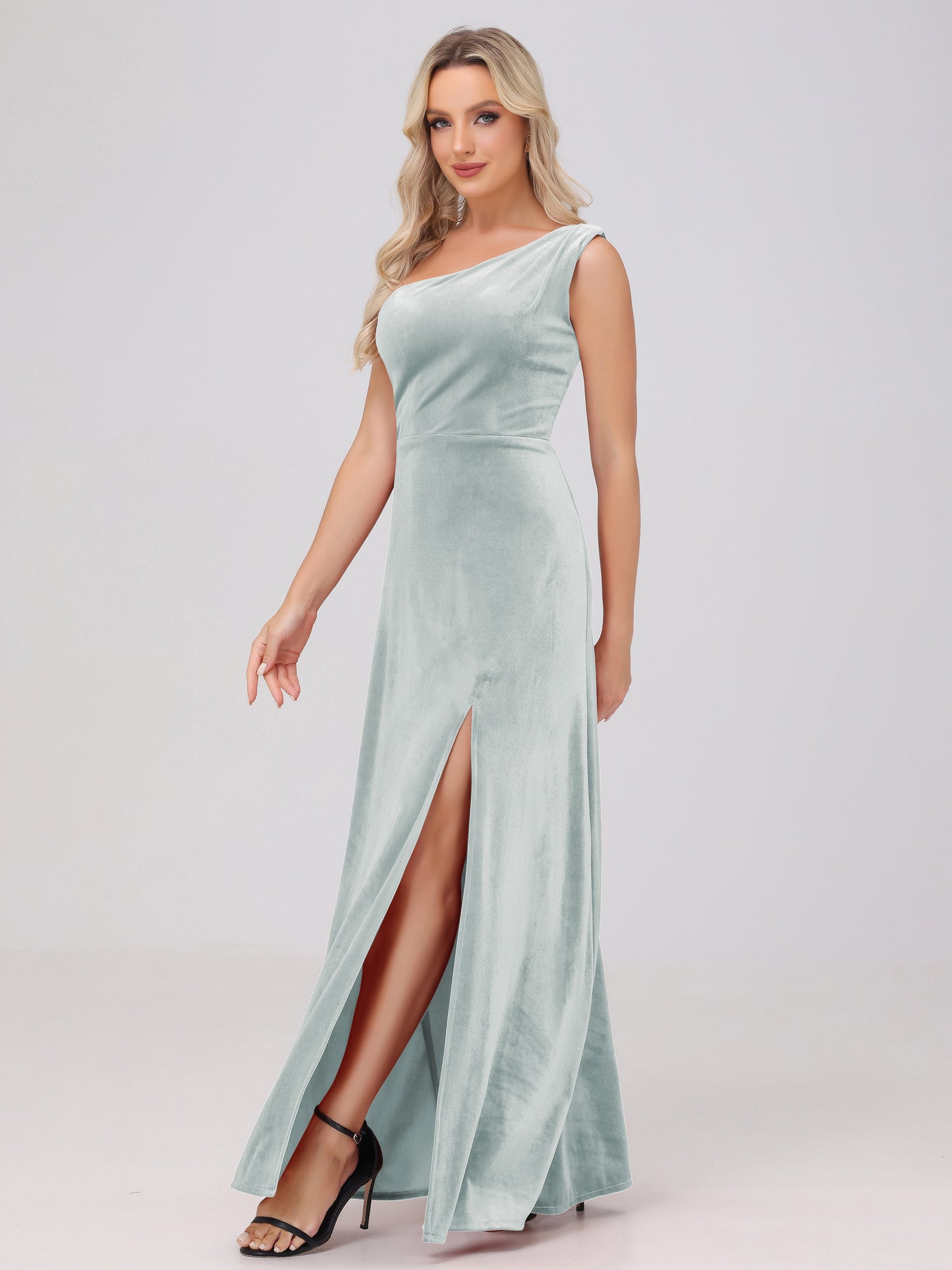 One Shoulder Velvet Bridesmaid Dresses with Slit