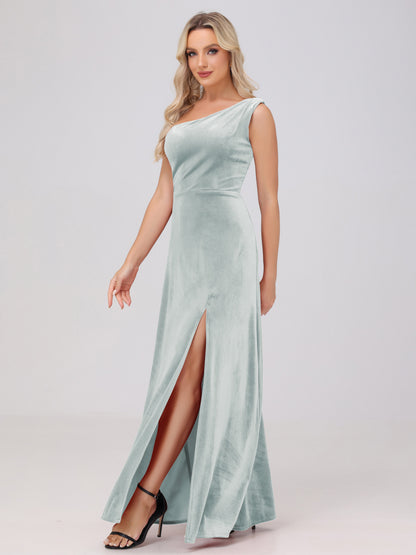 One Shoulder Velvet Bridesmaid Dresses with Slit