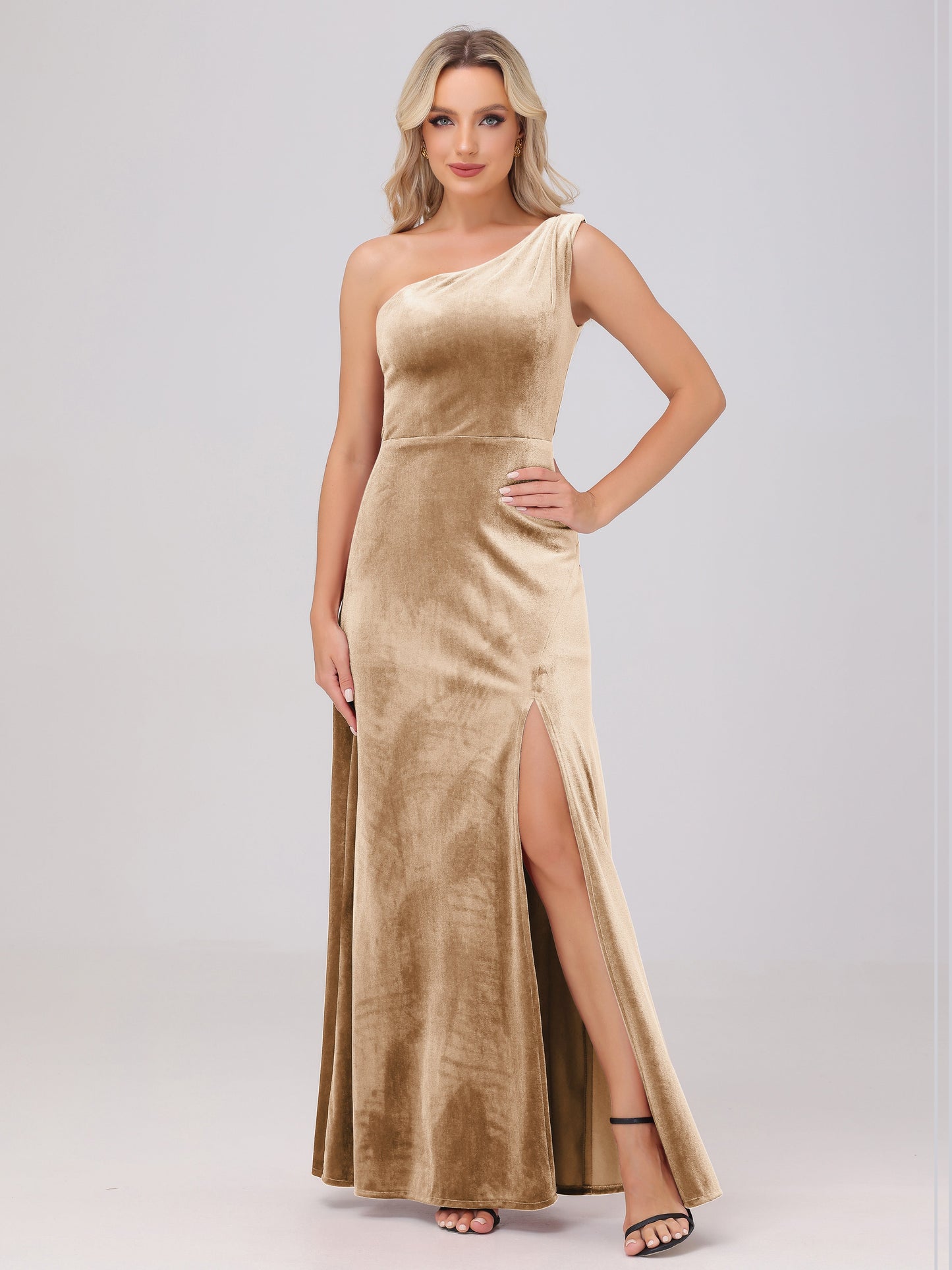 One Shoulder Velvet Bridesmaid Dresses with Slit