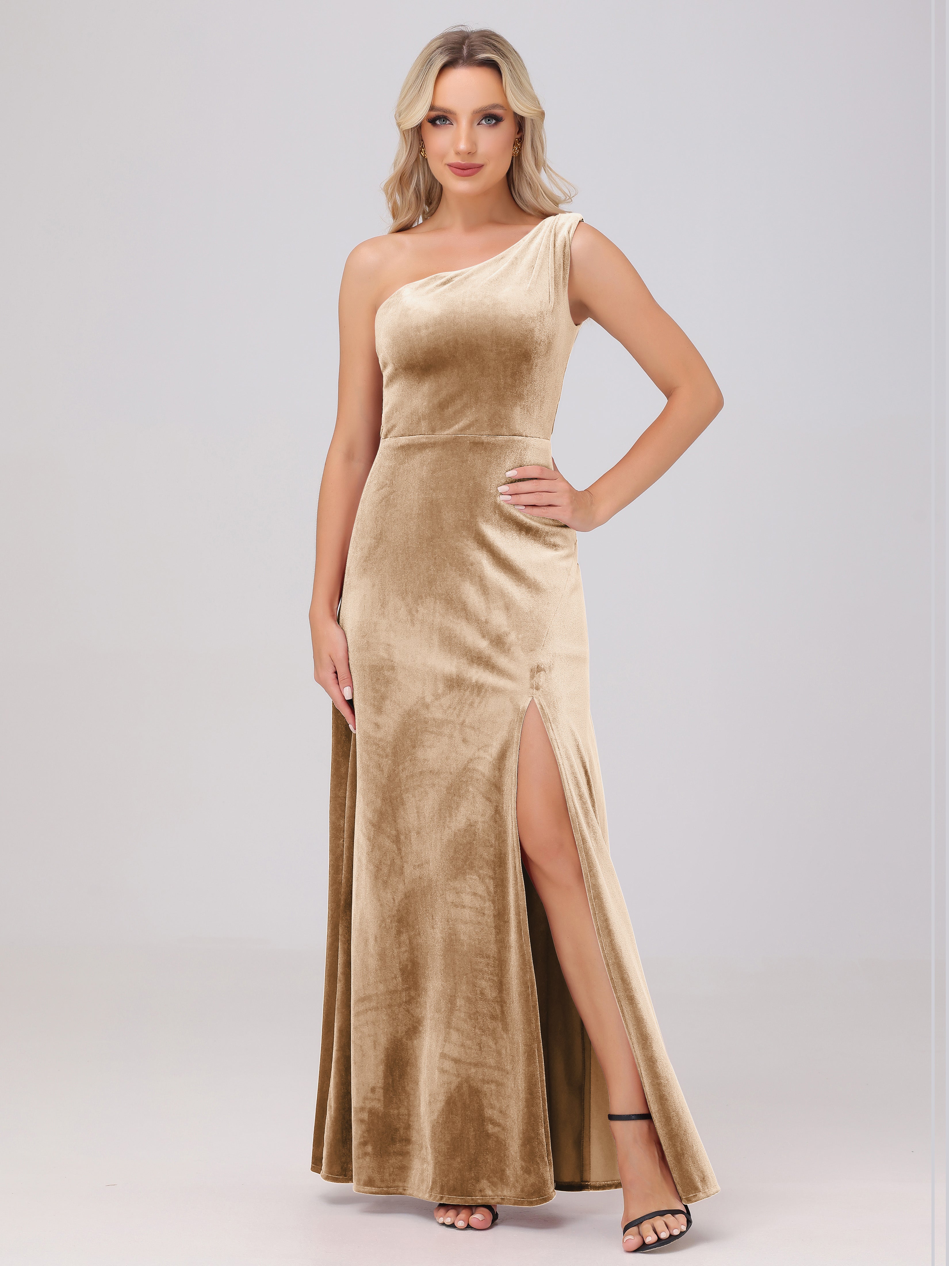 One Shoulder Velvet Bridesmaid Dresses with Slit