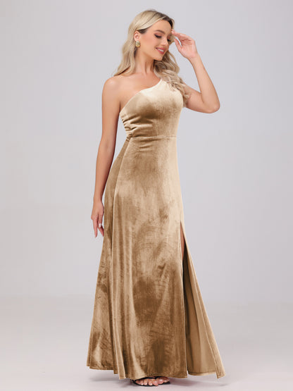 One Shoulder Velvet Bridesmaid Dresses with Slit