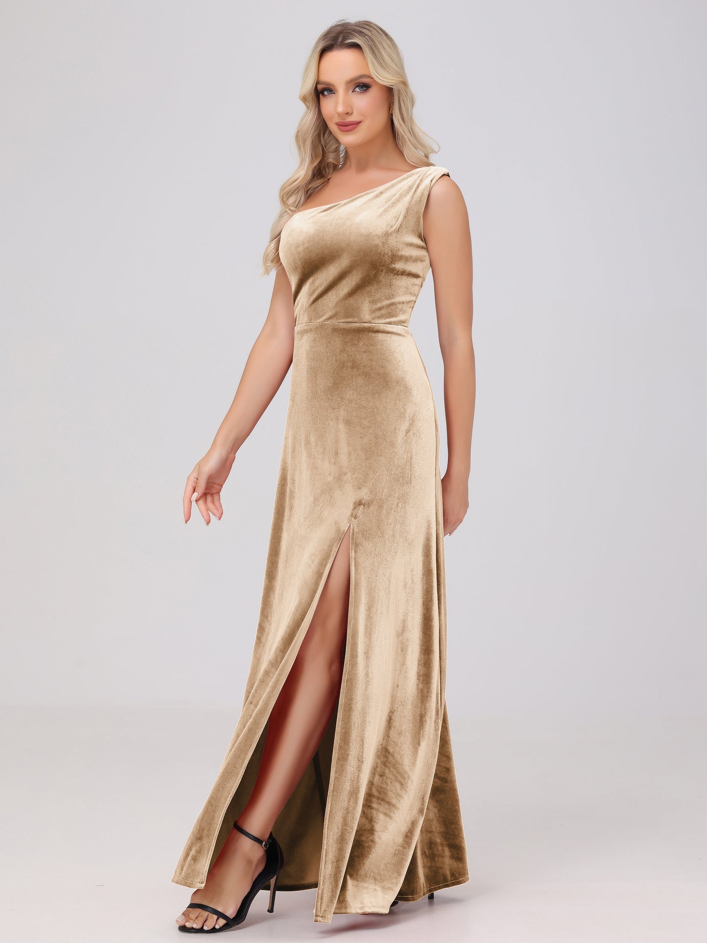 One Shoulder Velvet Bridesmaid Dresses with Slit