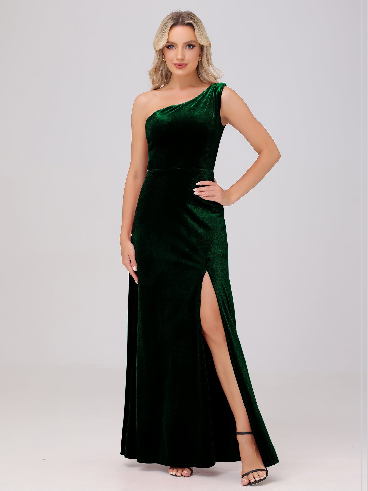 One Shoulder Velvet Bridesmaid Dresses with Slit