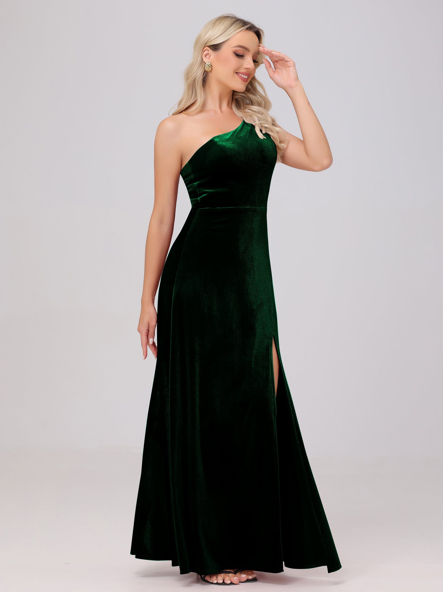One Shoulder Velvet Bridesmaid Dresses with Slit