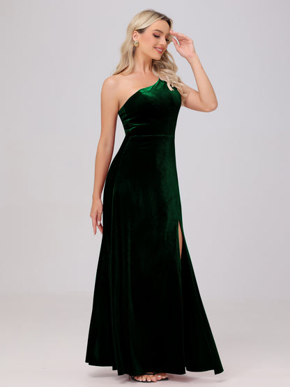 One Shoulder Velvet Bridesmaid Dresses with Slit