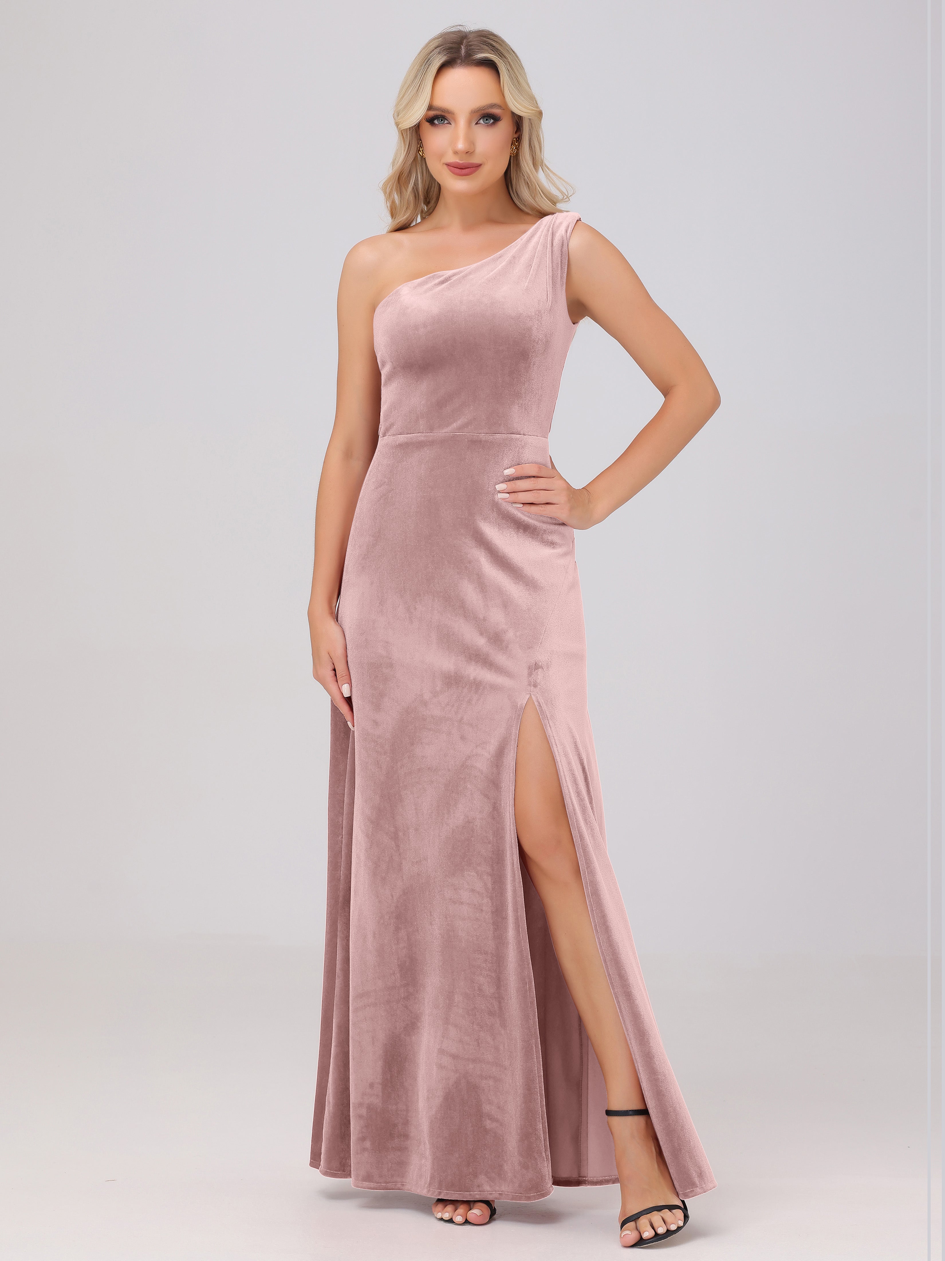 One Shoulder Velvet Bridesmaid Dresses with Slit