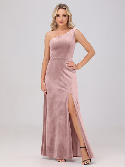 One Shoulder Velvet Bridesmaid Dresses with Slit