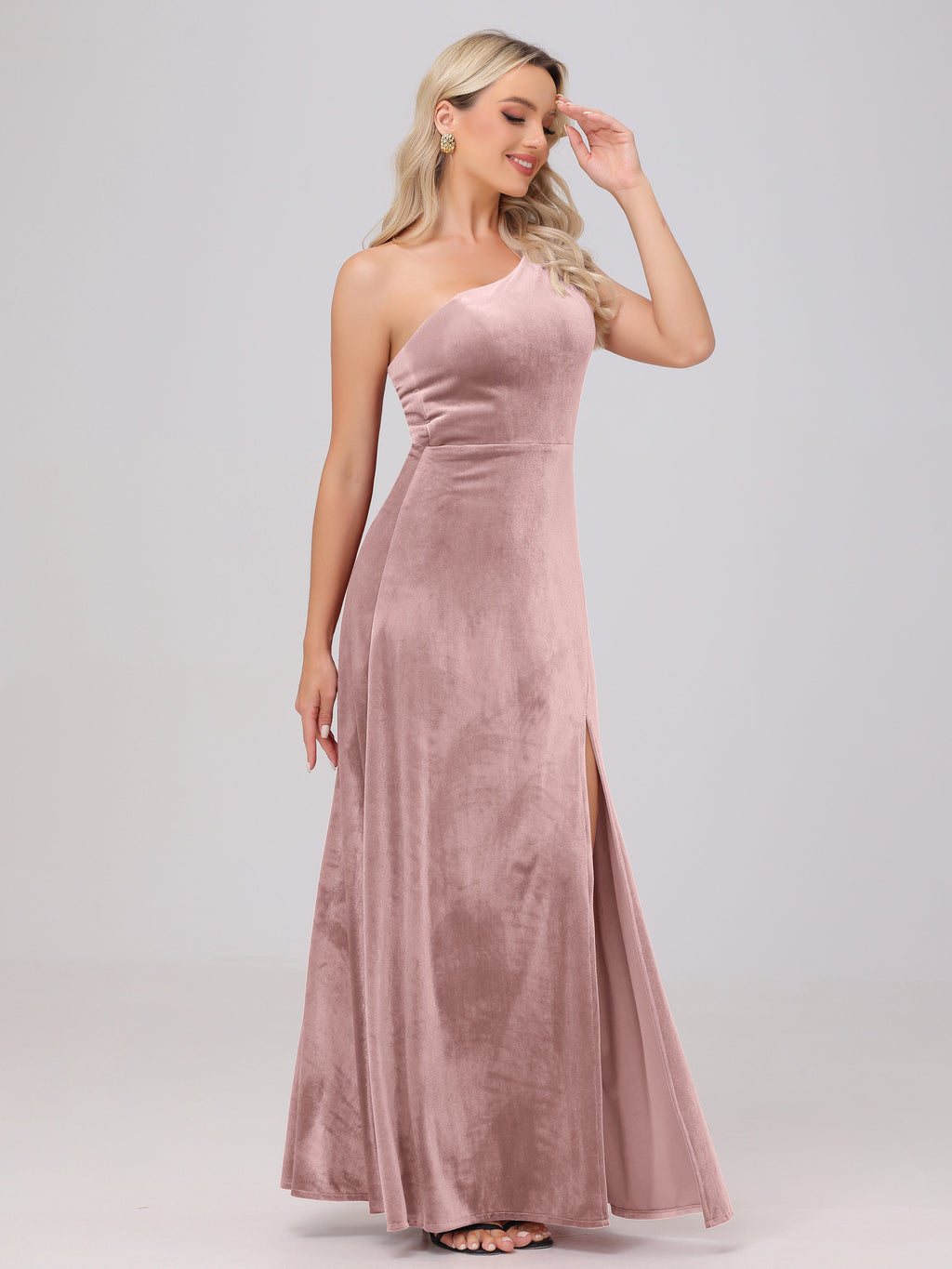 One Shoulder Velvet Bridesmaid Dresses with Slit