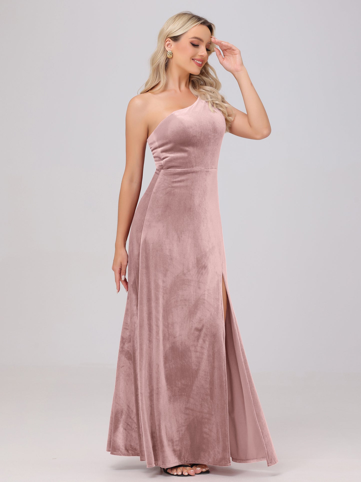 One Shoulder Velvet Bridesmaid Dresses with Slit