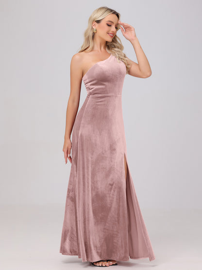 One Shoulder Velvet Bridesmaid Dresses with Slit
