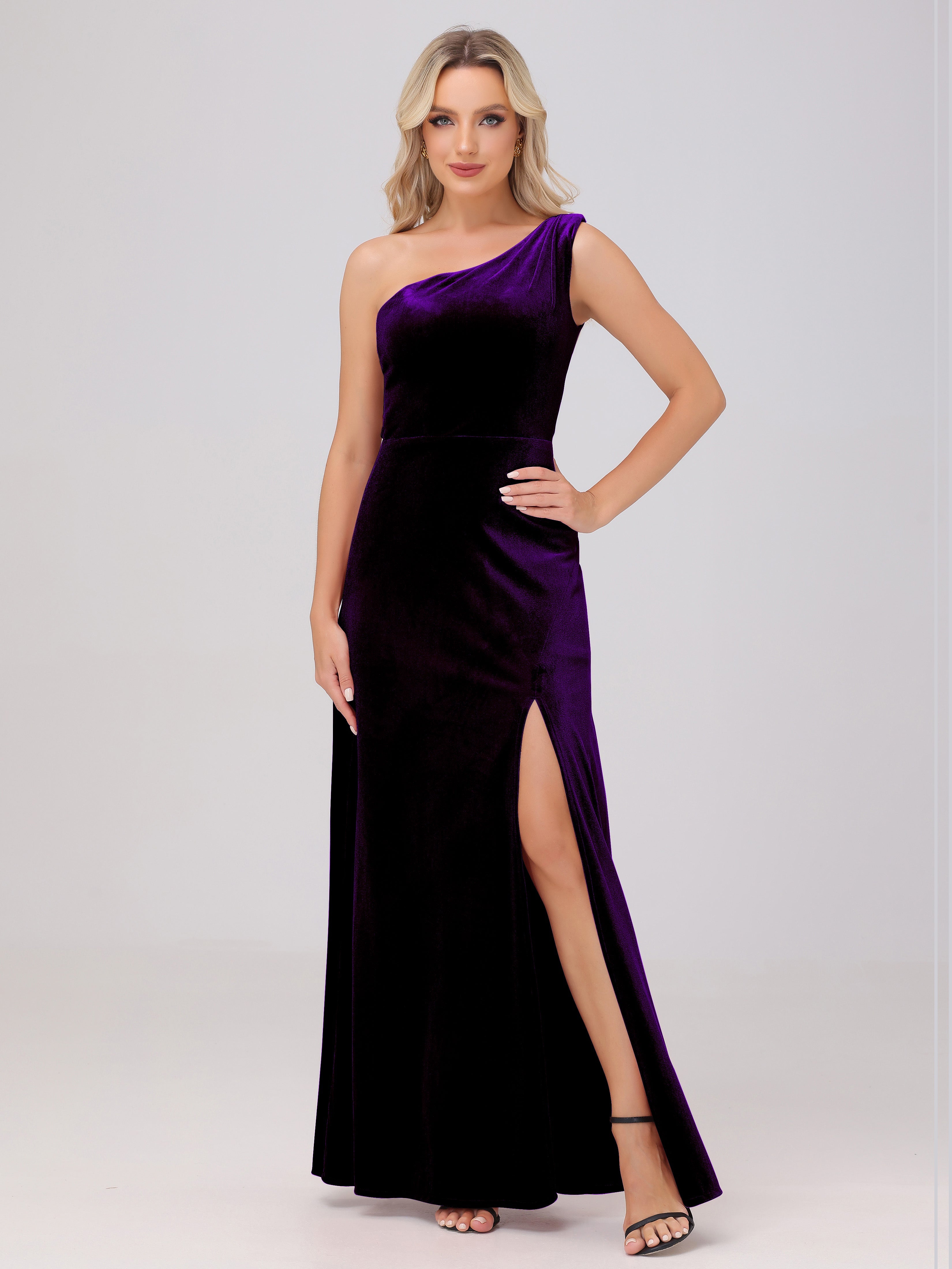 One Shoulder Velvet Bridesmaid Dresses with Slit