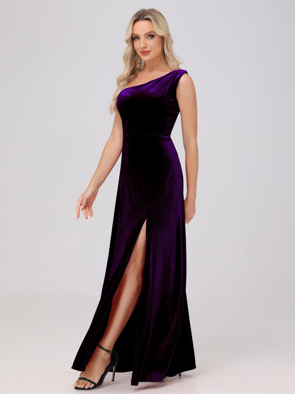 One Shoulder Velvet Bridesmaid Dresses with Slit