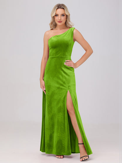 One Shoulder Velvet Bridesmaid Dresses with Slit