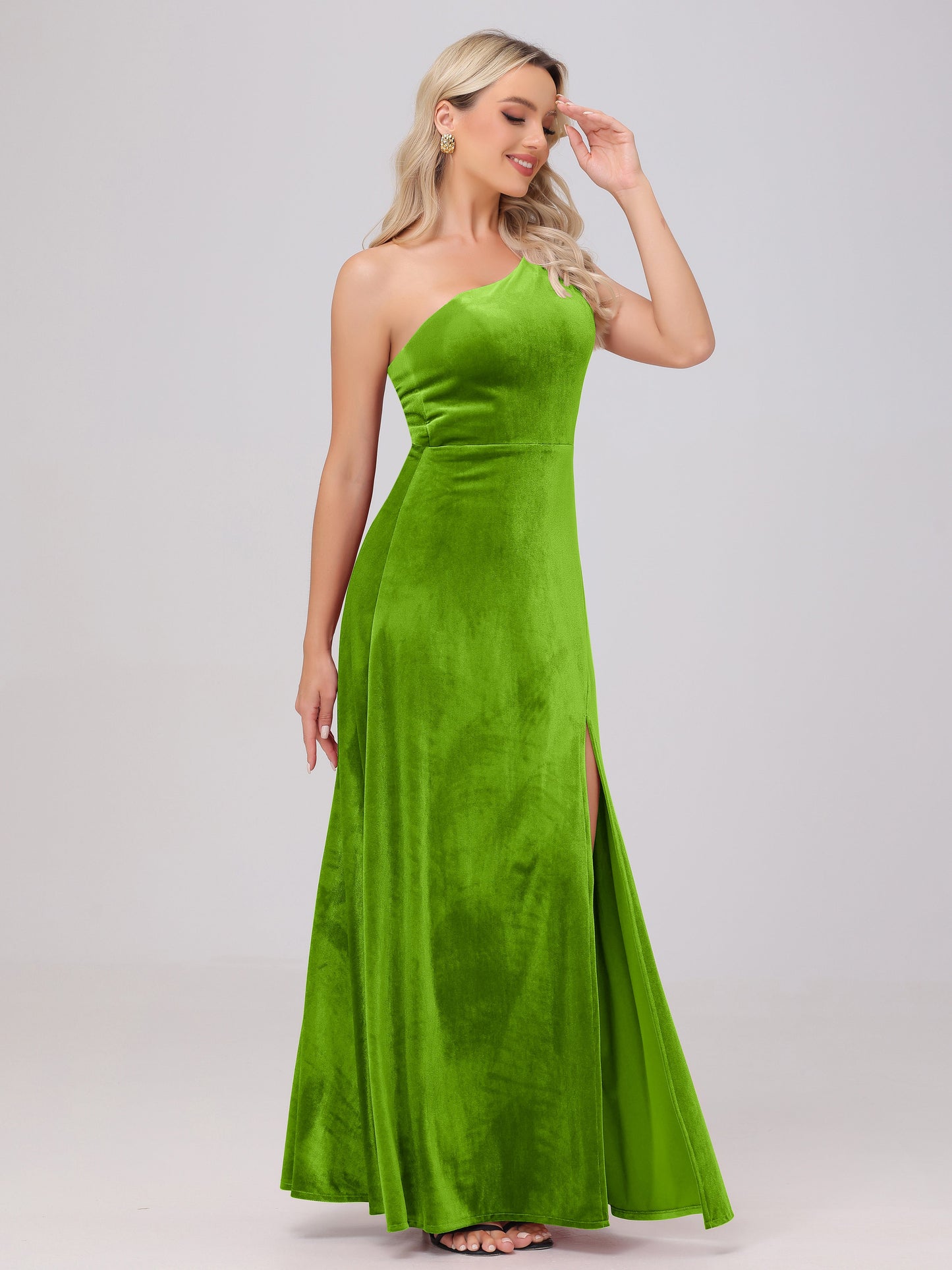 One Shoulder Velvet Bridesmaid Dresses with Slit