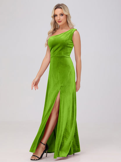 One Shoulder Velvet Bridesmaid Dresses with Slit