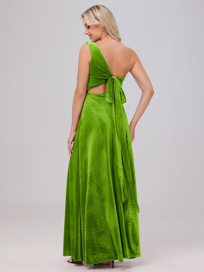 One Shoulder Velvet Bridesmaid Dresses with Slit