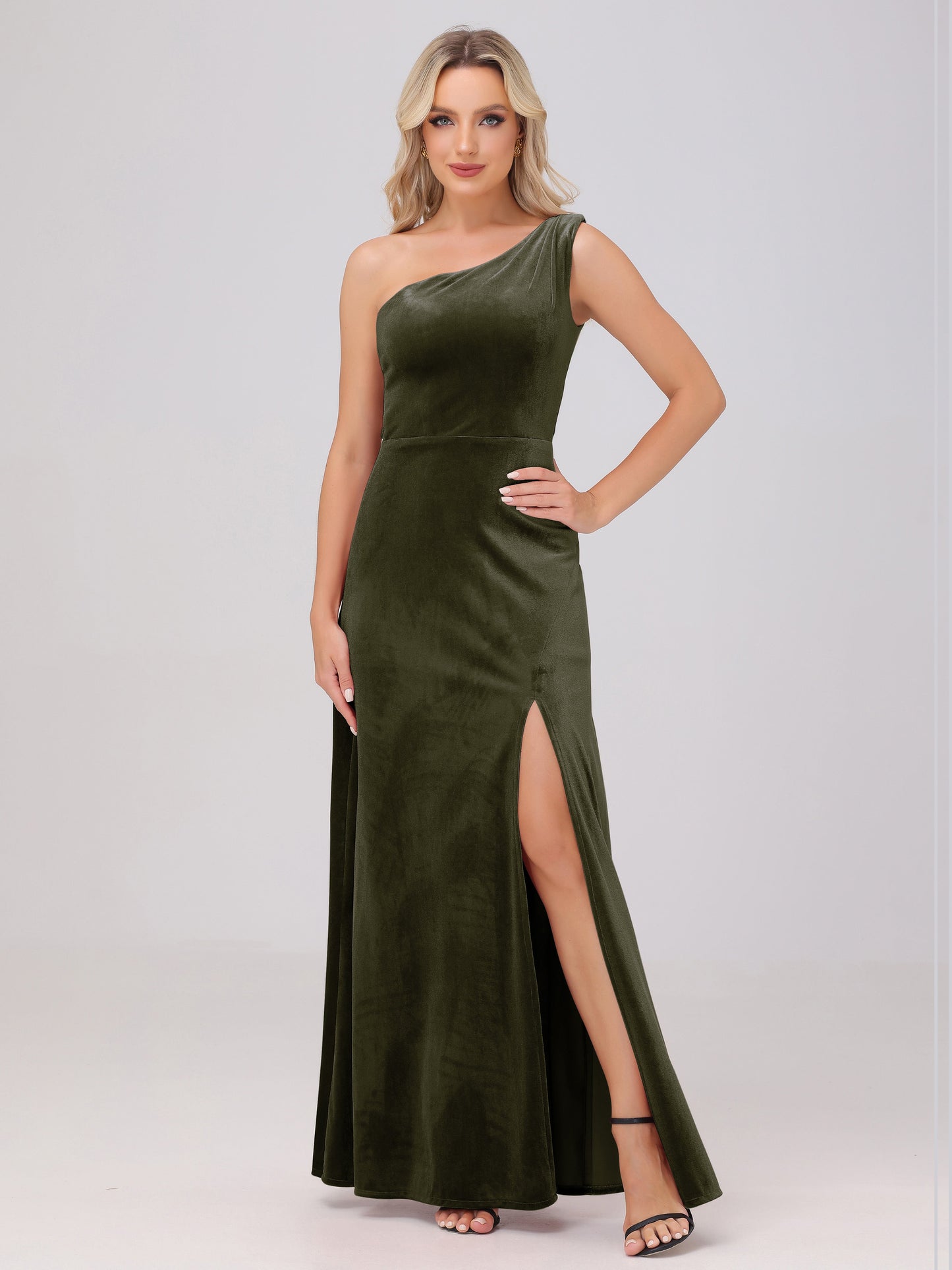 One Shoulder Velvet Bridesmaid Dresses with Slit