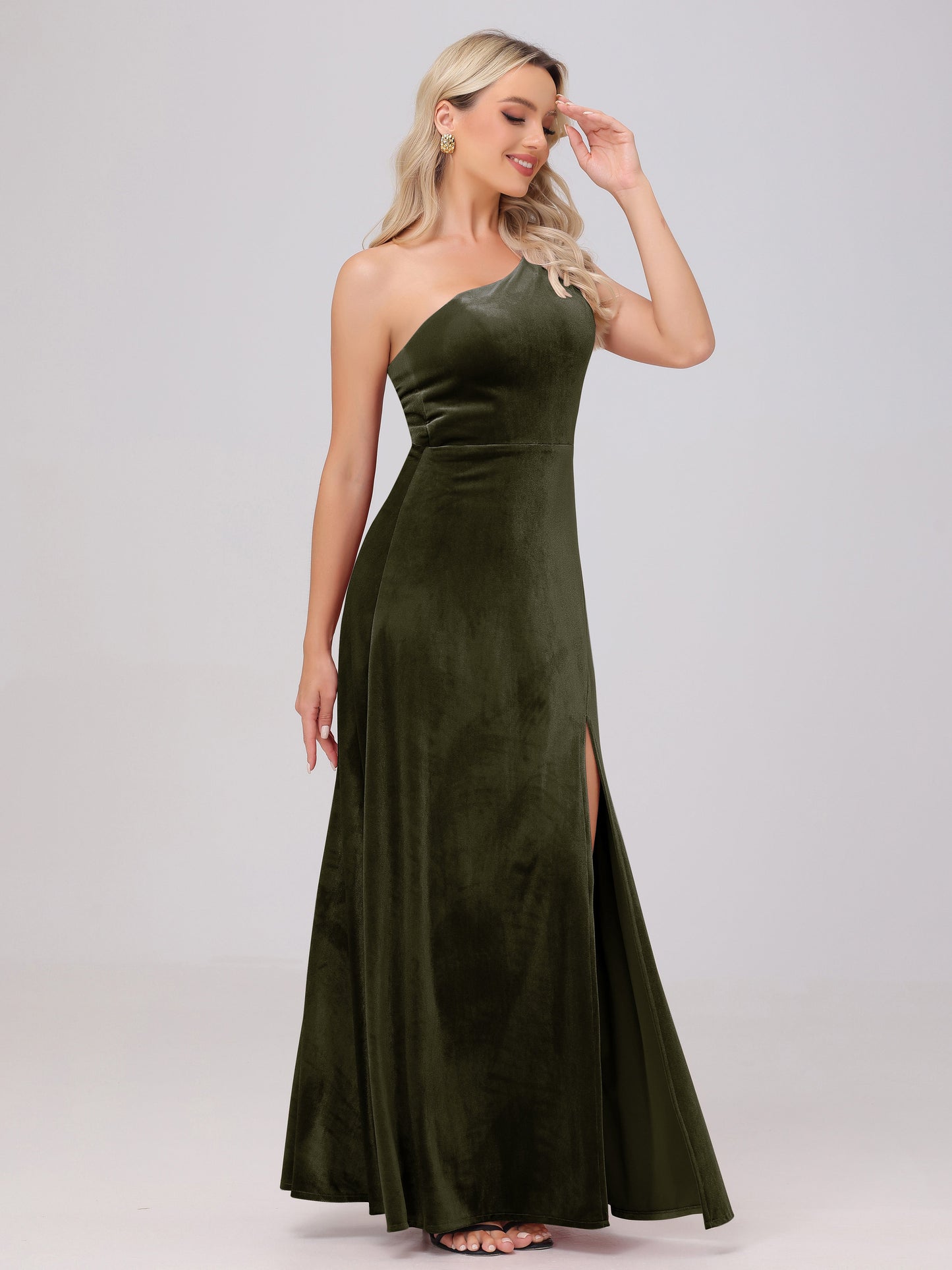One Shoulder Velvet Bridesmaid Dresses with Slit