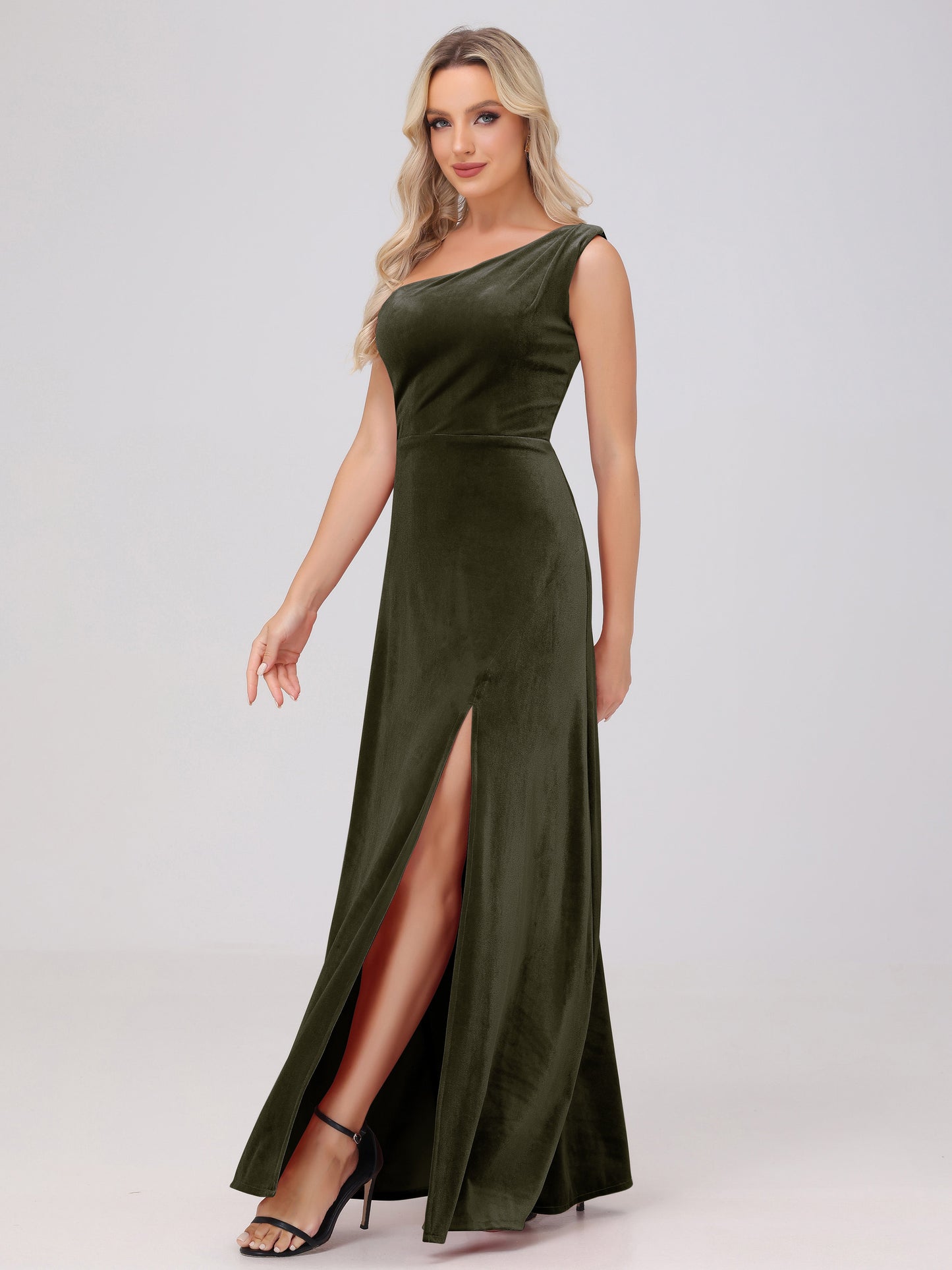 One Shoulder Velvet Bridesmaid Dresses with Slit