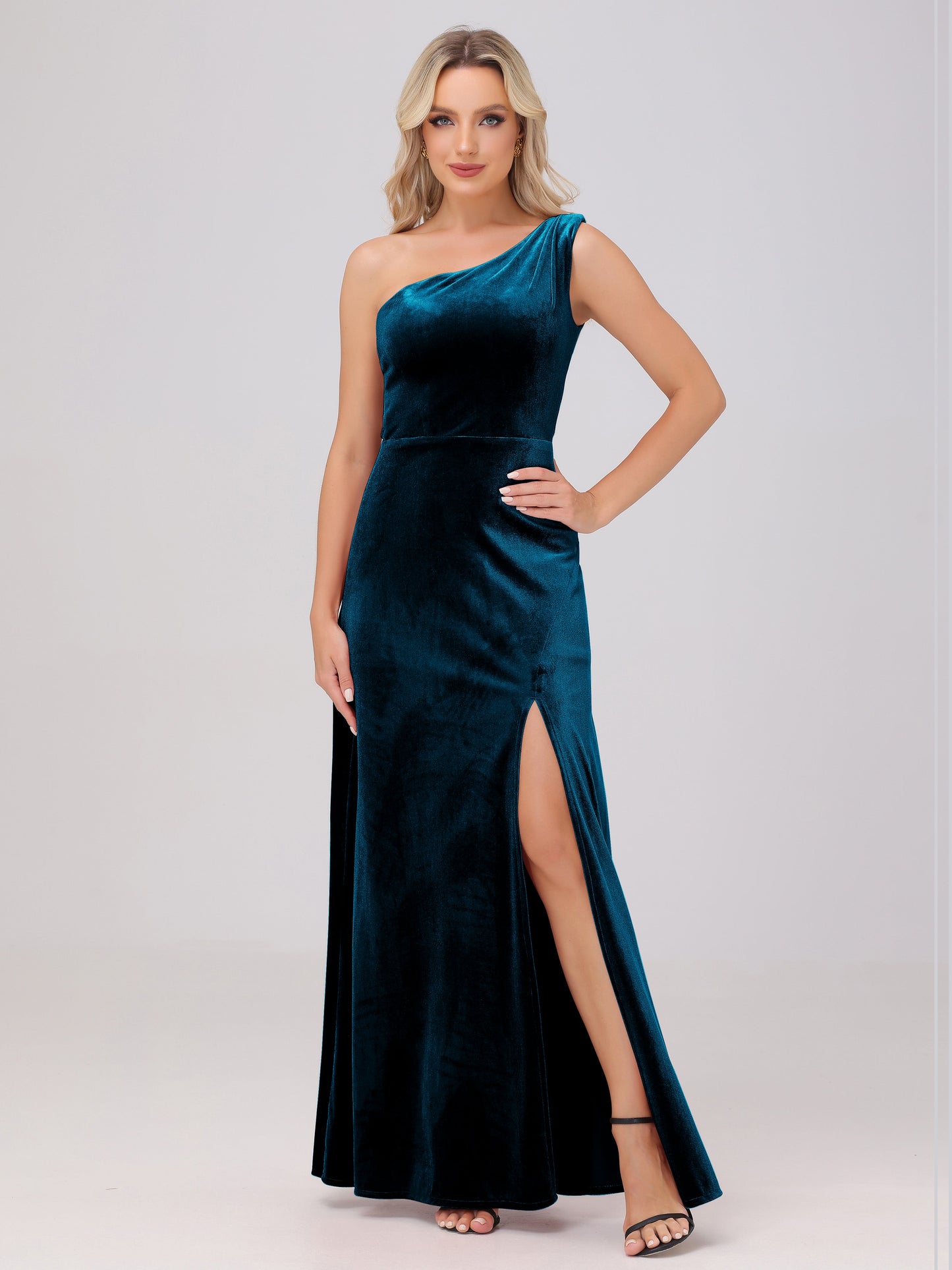 One Shoulder Velvet Bridesmaid Dresses with Slit