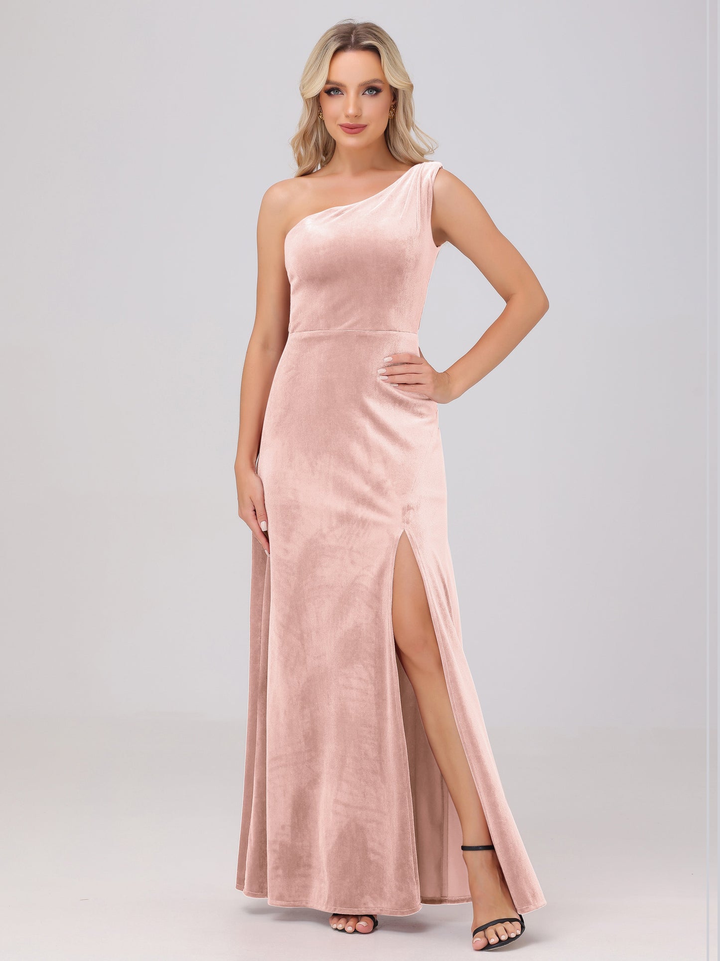 One Shoulder Velvet Bridesmaid Dresses with Slit