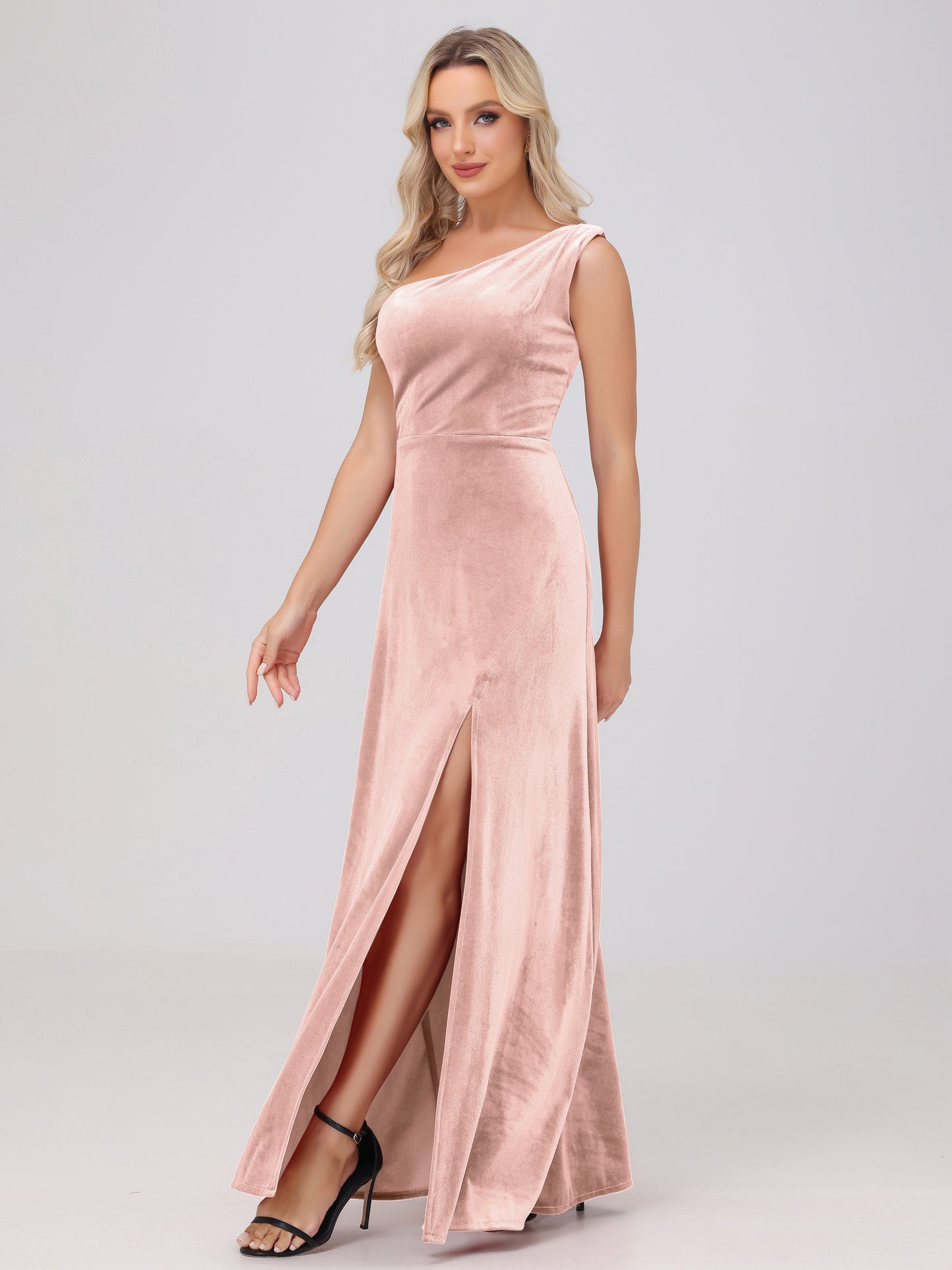 One Shoulder Velvet Bridesmaid Dresses with Slit