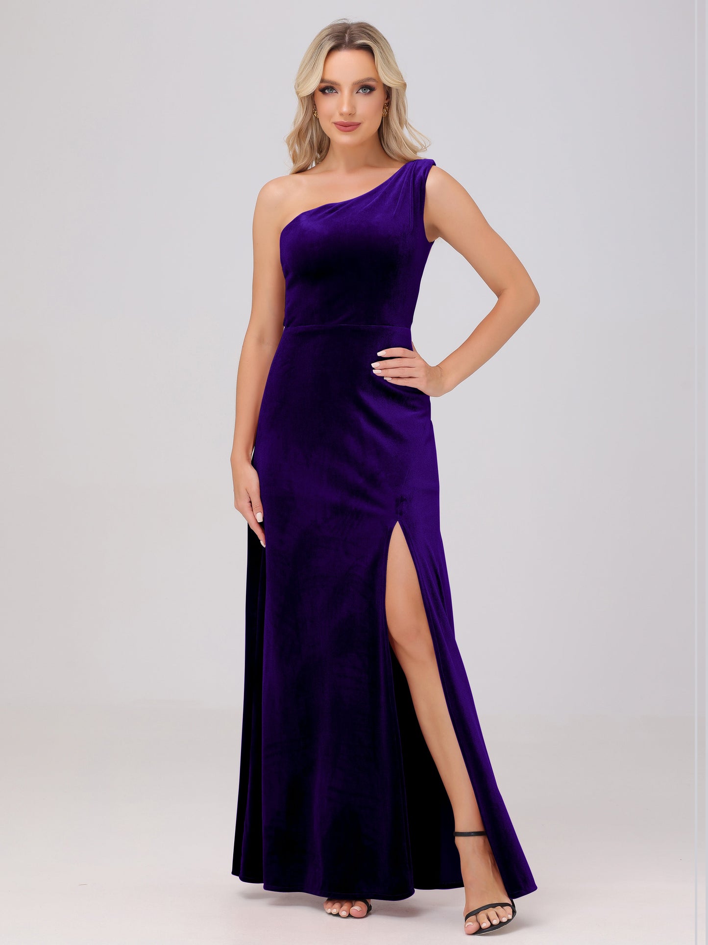 One Shoulder Velvet Bridesmaid Dresses with Slit