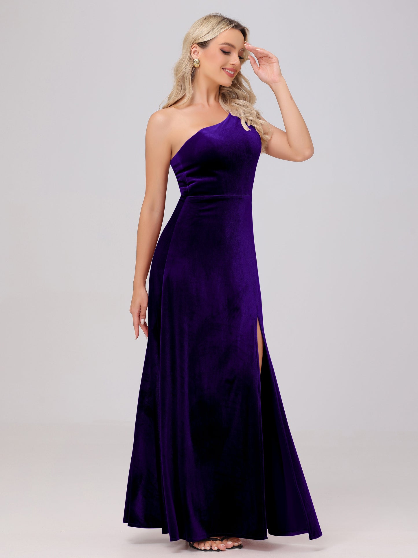 One Shoulder Velvet Bridesmaid Dresses with Slit