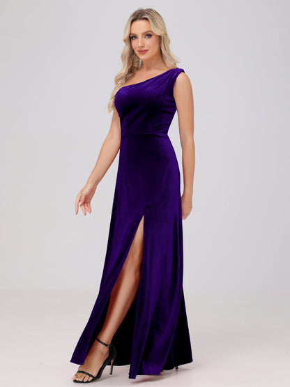 One Shoulder Velvet Bridesmaid Dresses with Slit
