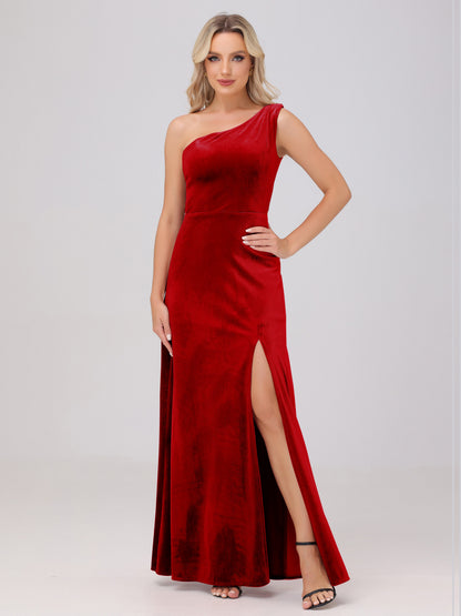 One Shoulder Velvet Bridesmaid Dresses with Slit