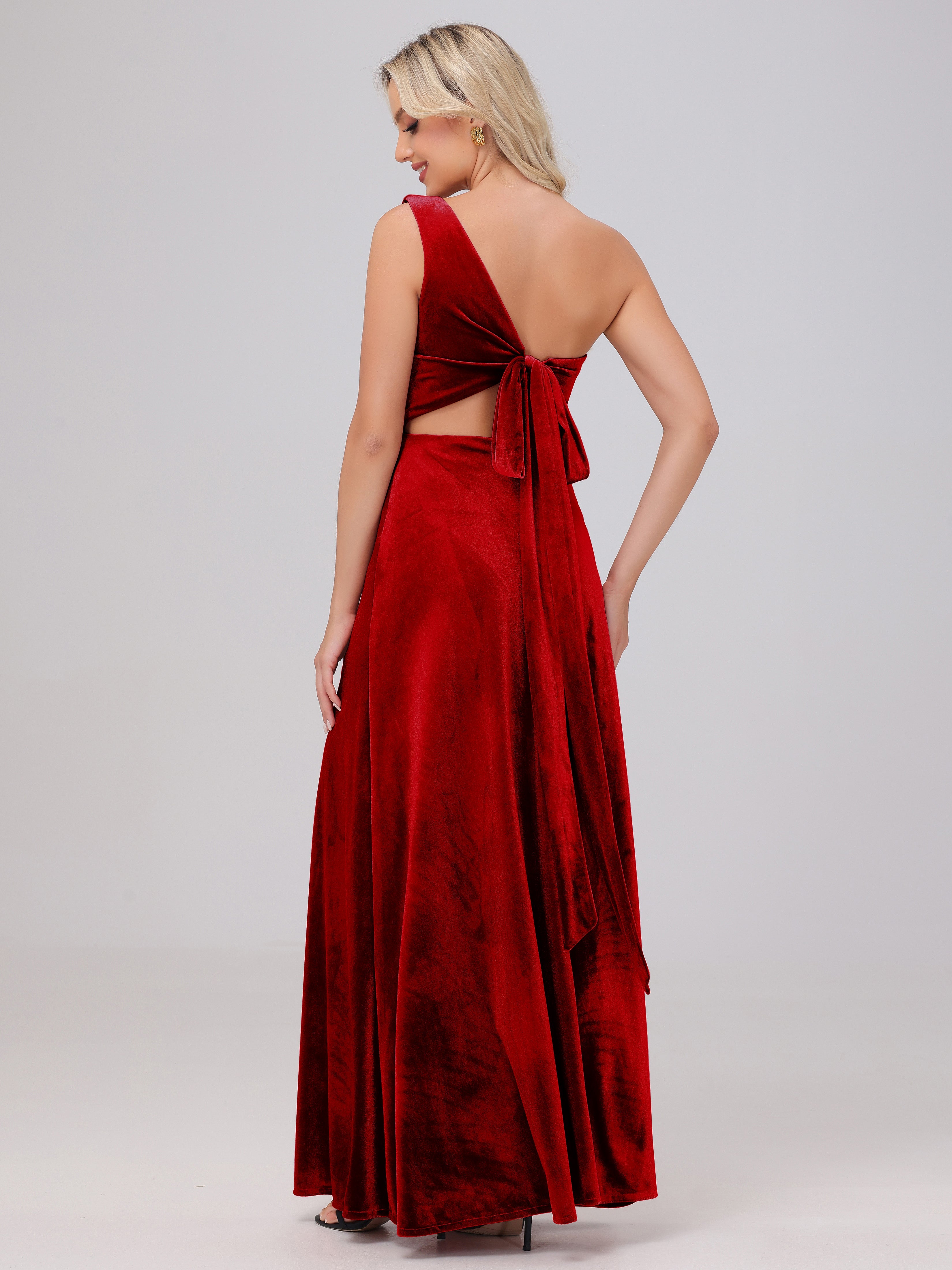 One Shoulder Velvet Bridesmaid Dresses with Slit