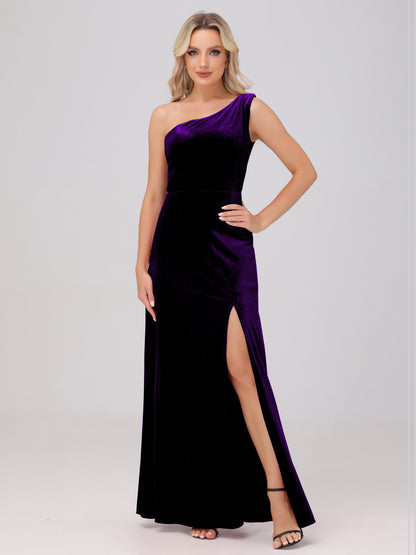 One Shoulder Velvet Bridesmaid Dresses with Slit
