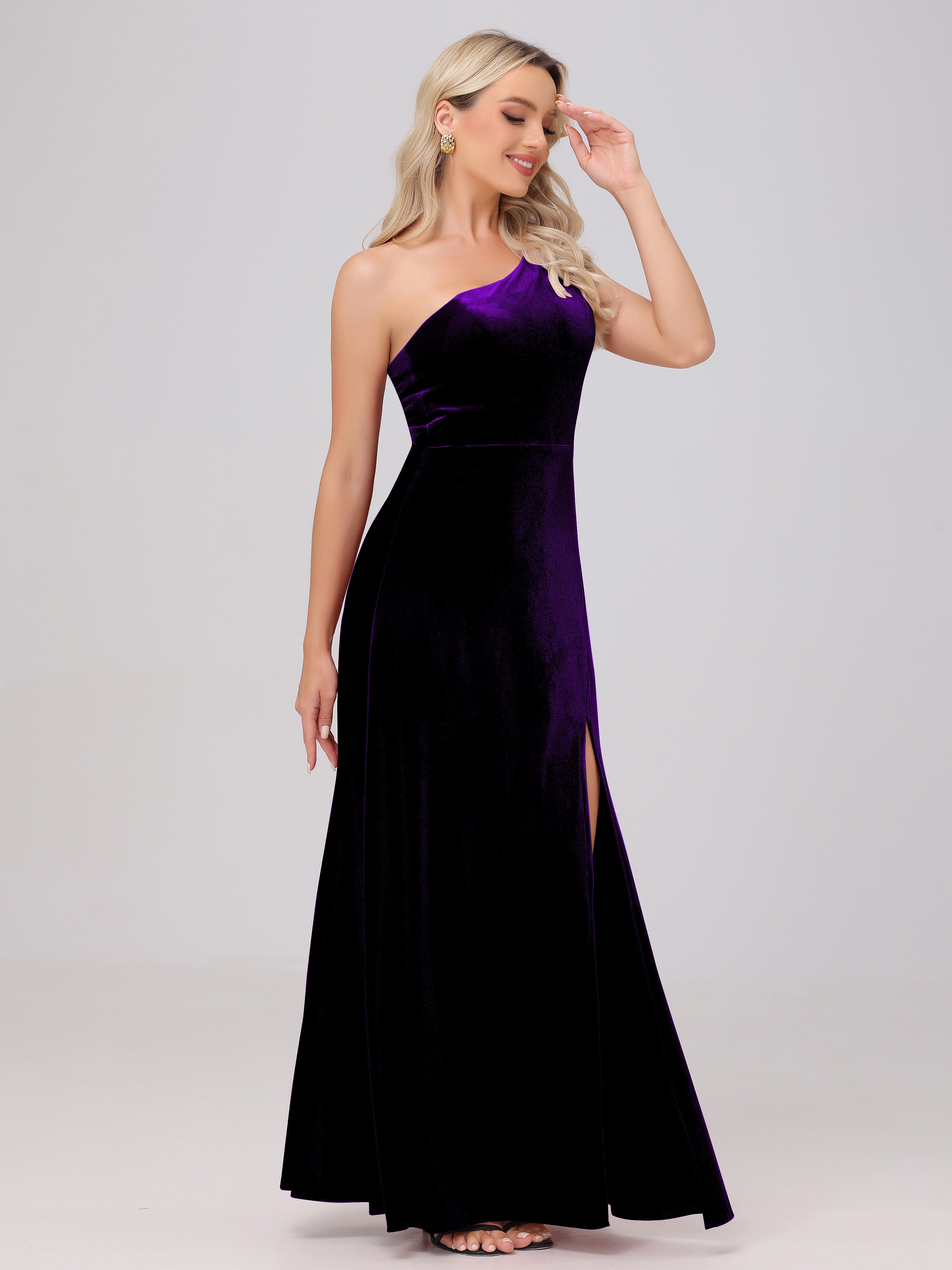 One Shoulder Velvet Bridesmaid Dresses with Slit