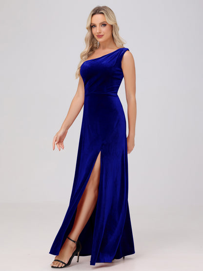 One Shoulder Velvet Bridesmaid Dresses with Slit