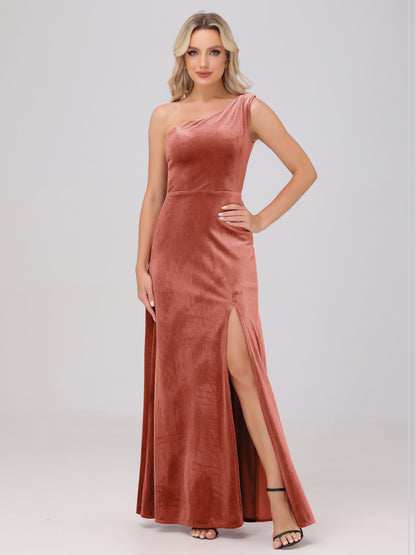One Shoulder Velvet Bridesmaid Dresses with Slit