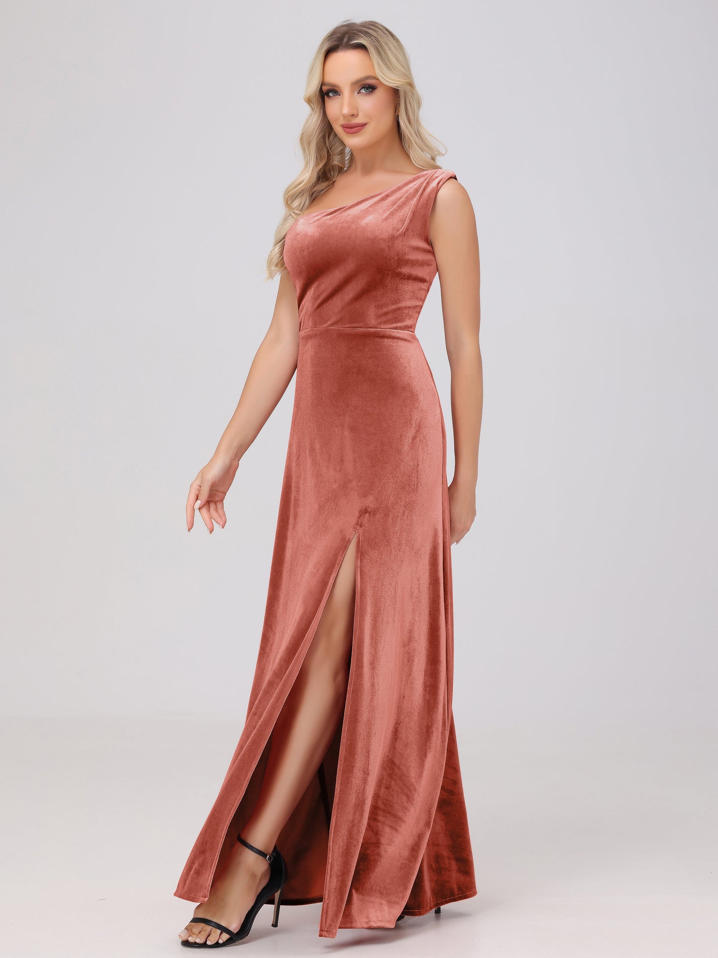 One Shoulder Velvet Bridesmaid Dresses with Slit