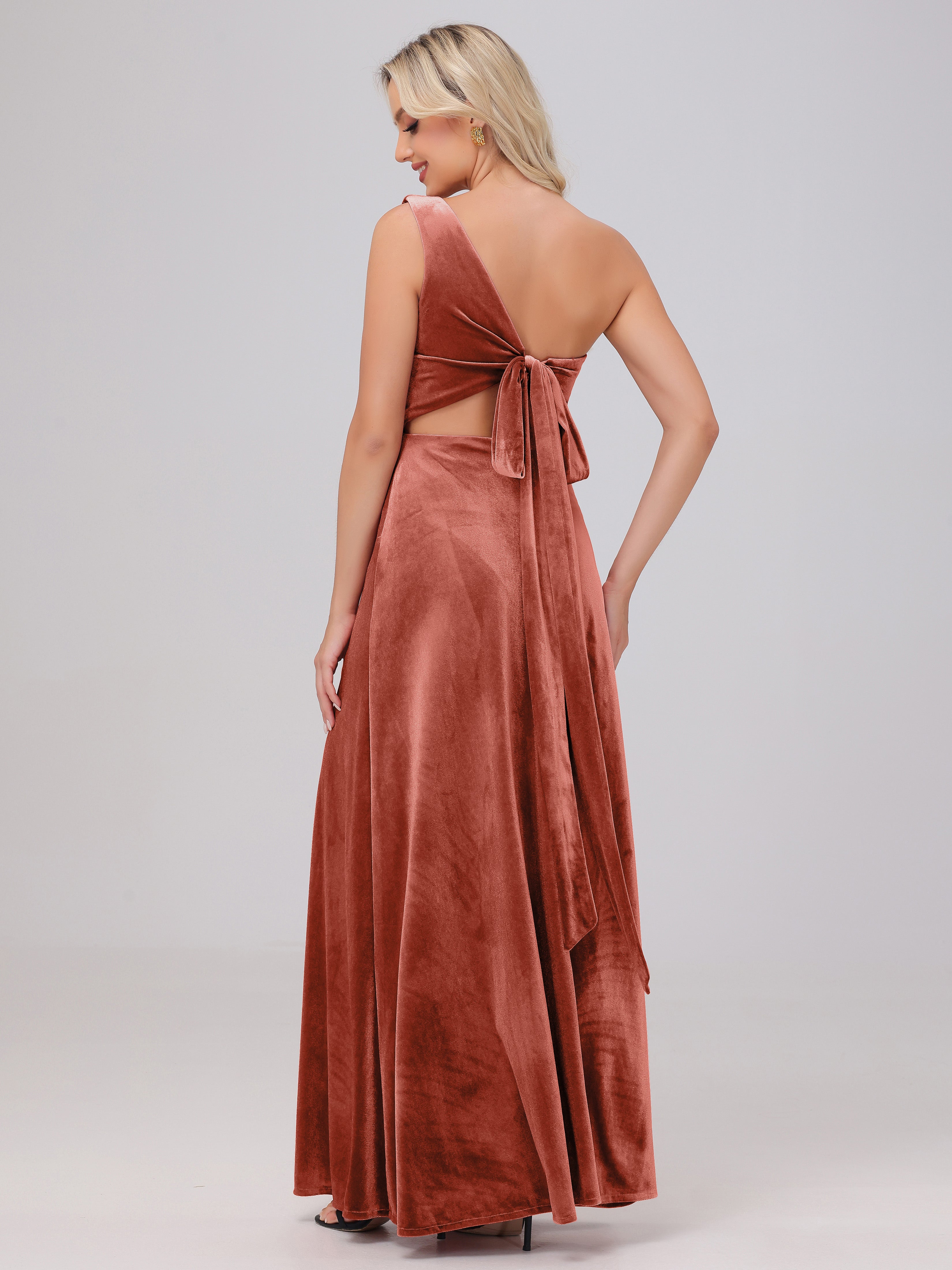 One Shoulder Velvet Bridesmaid Dresses with Slit