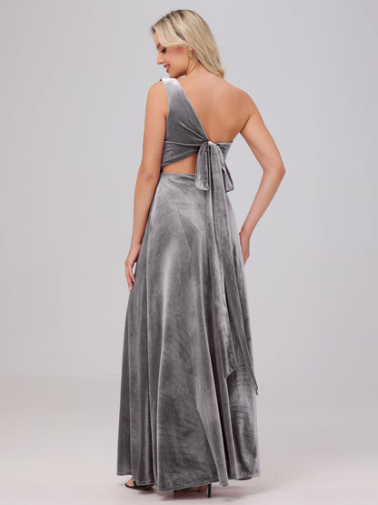 One Shoulder Velvet Bridesmaid Dresses with Slit