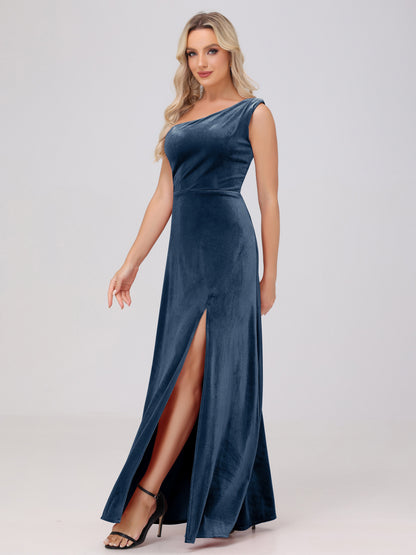 One Shoulder Velvet Bridesmaid Dresses with Slit