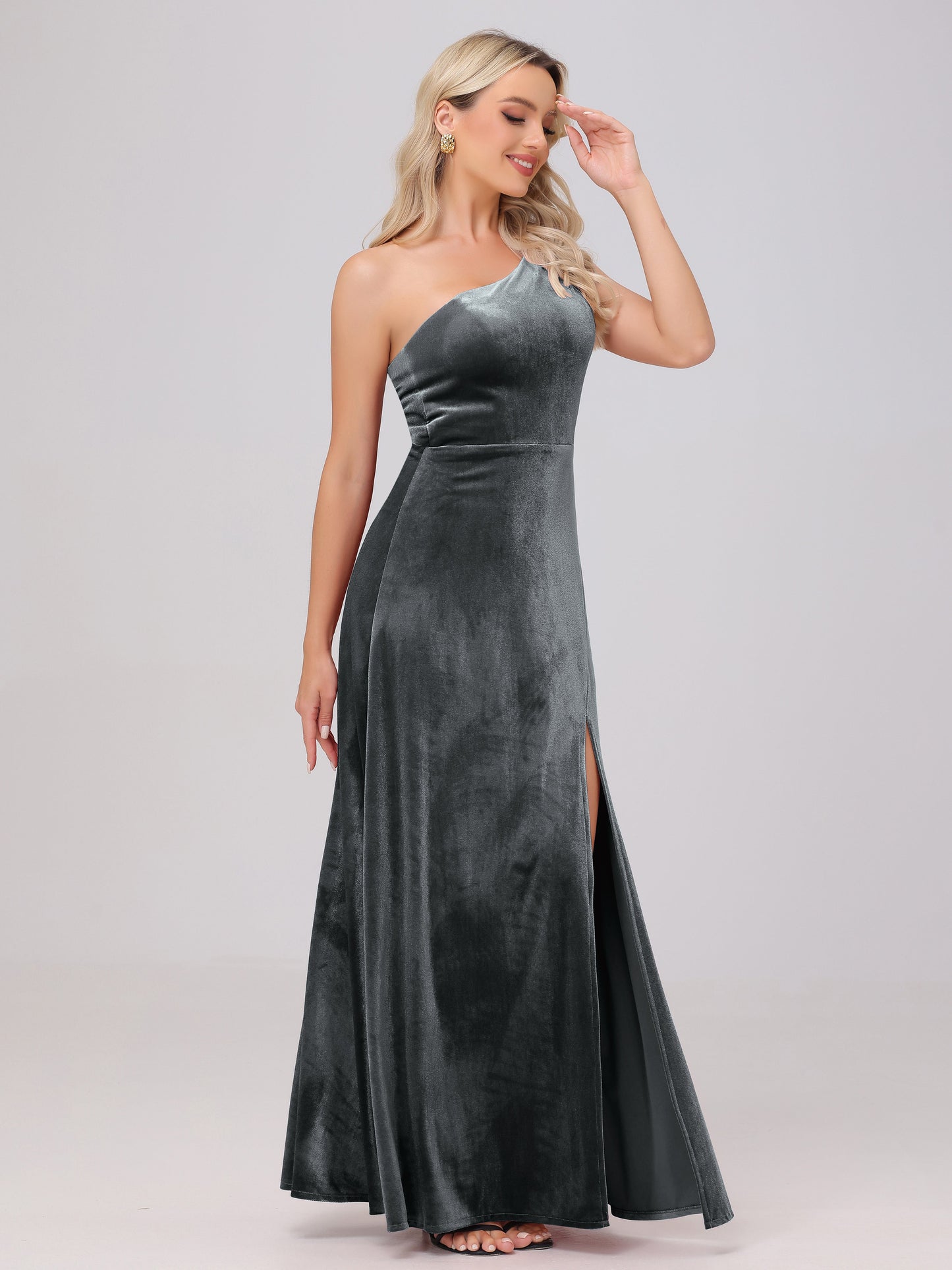 One Shoulder Velvet Bridesmaid Dresses with Slit