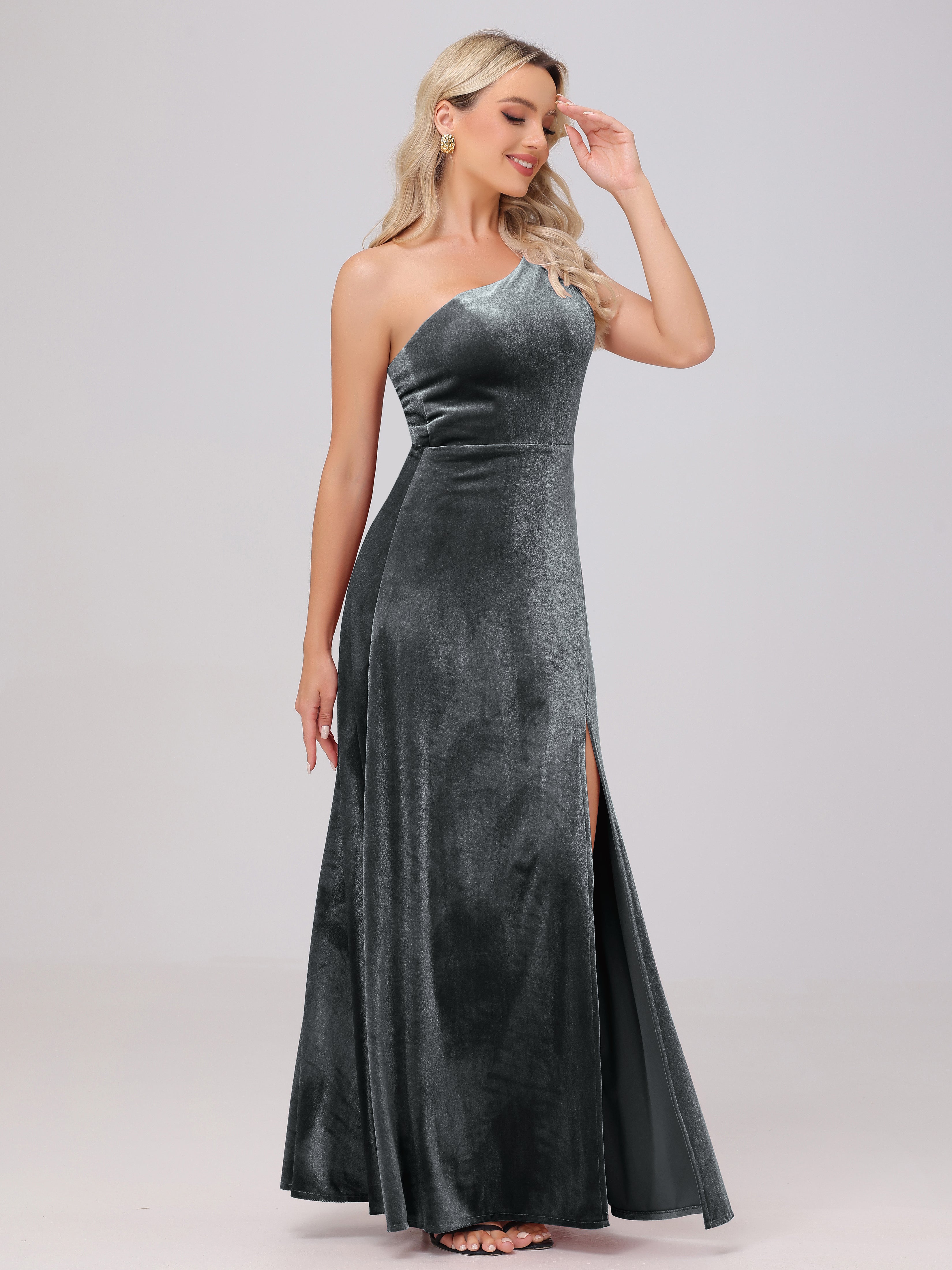 One Shoulder Velvet Bridesmaid Dresses with Slit
