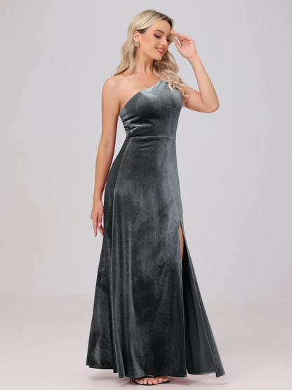 One Shoulder Velvet Bridesmaid Dresses with Slit