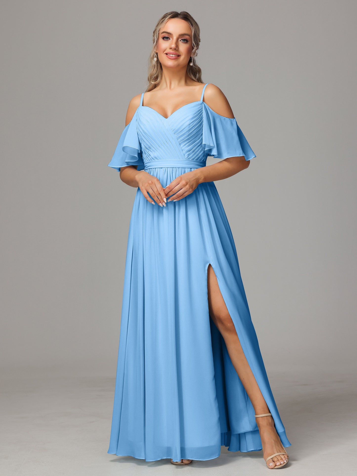 Off The Shoulder A Line Chiffon Bridesmaid Dress With Slit