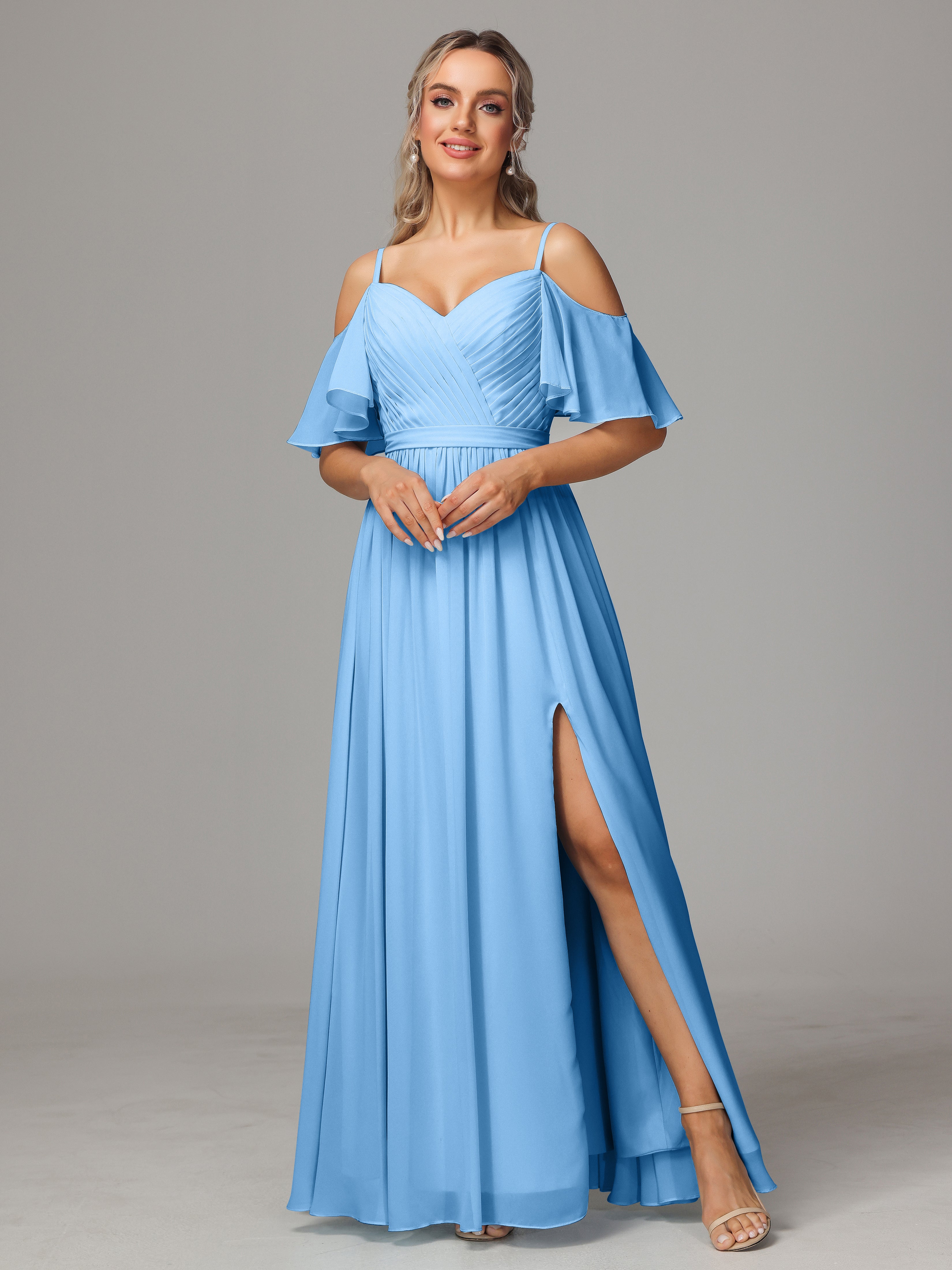 Off The Shoulder A Line Chiffon Bridesmaid Dress With Slit