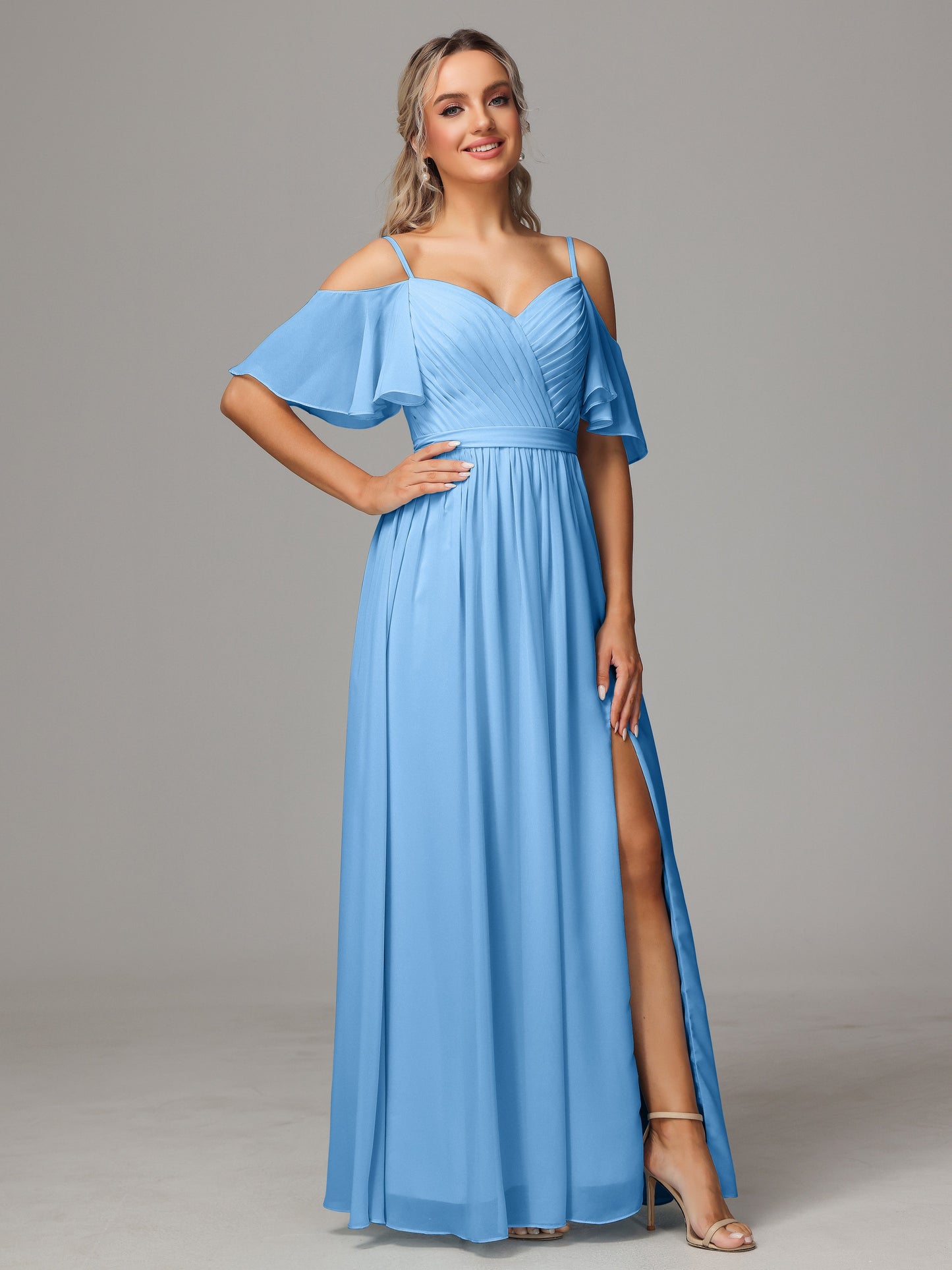 Off The Shoulder A Line Chiffon Bridesmaid Dress With Slit